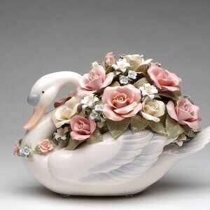 Fine Porcelain Large Swan with Flowers Musical Box Figurine